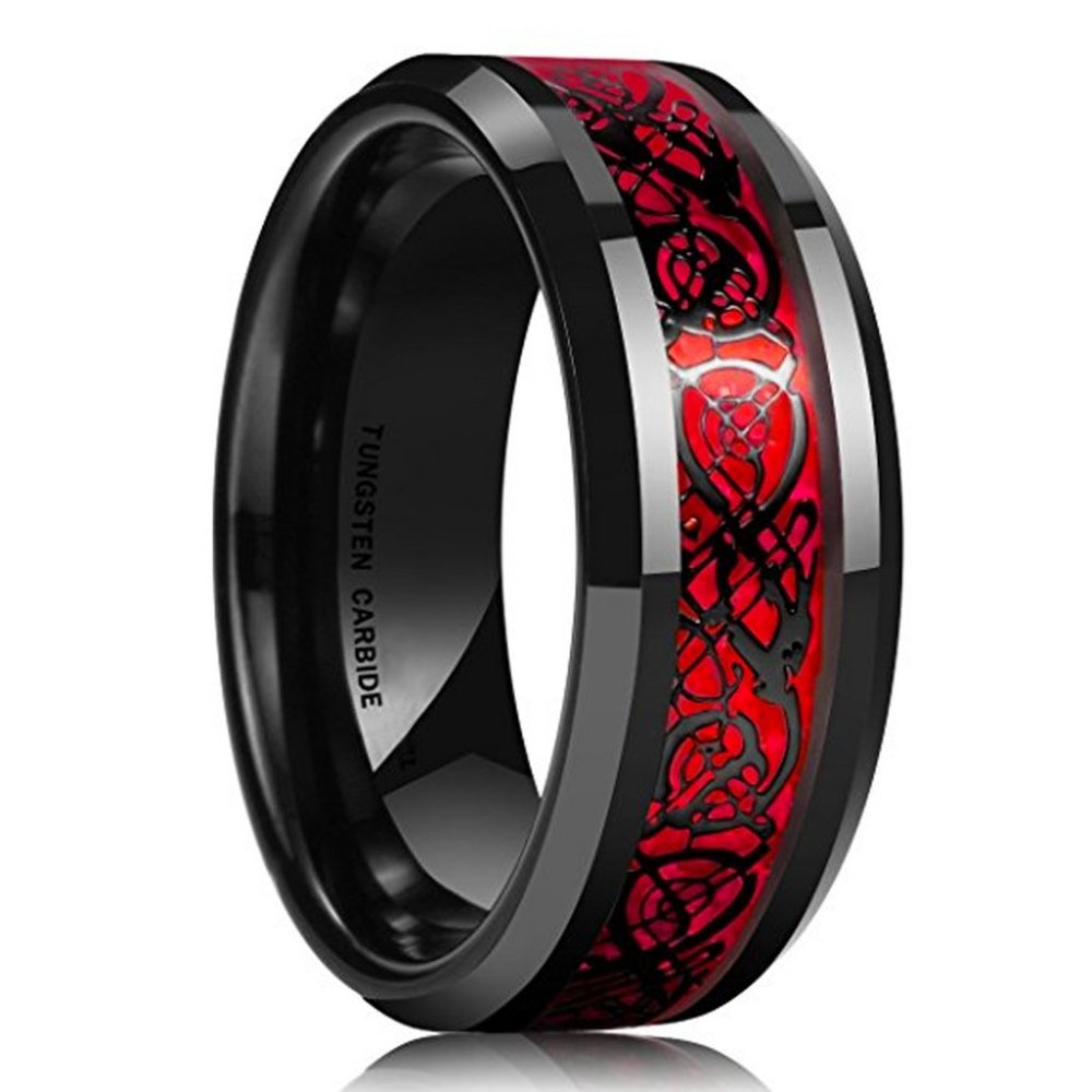 Men's Tungsten Wedding Band 8mm. Celtic Wedding Bands Red Resin Inlay Black Ring